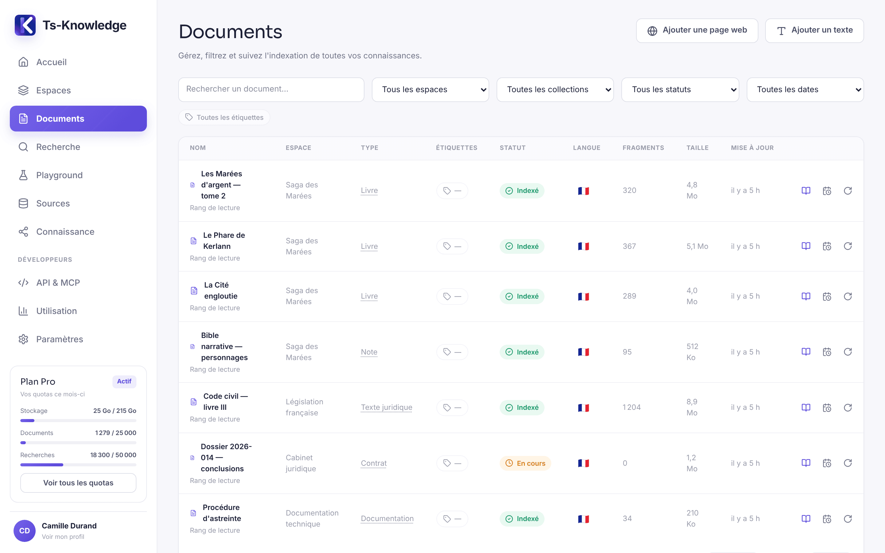 Écran Documents : liste des documents avec leur statut d'indexation.
