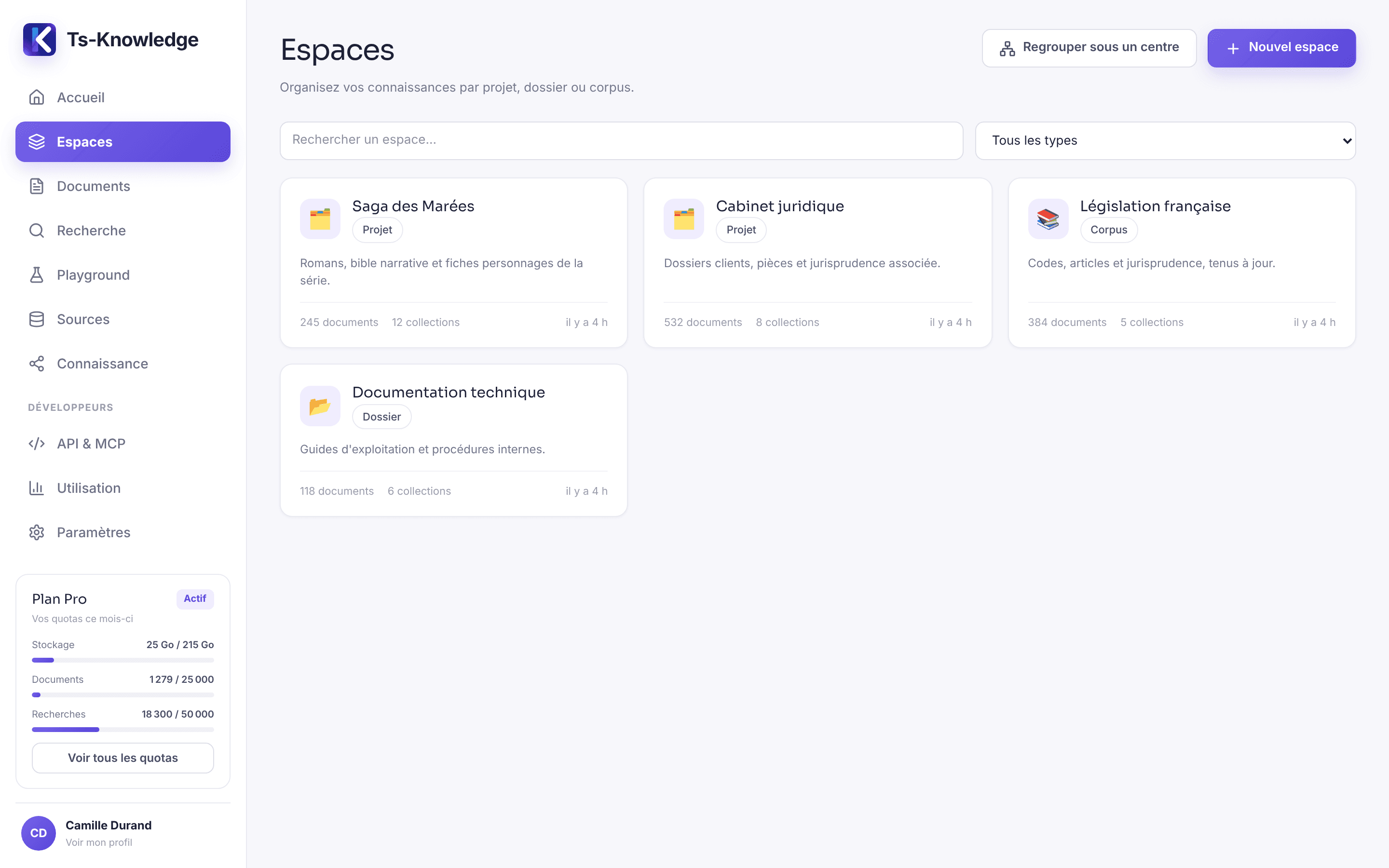 Spaces screen: each space shows its type, its documents and its collections.